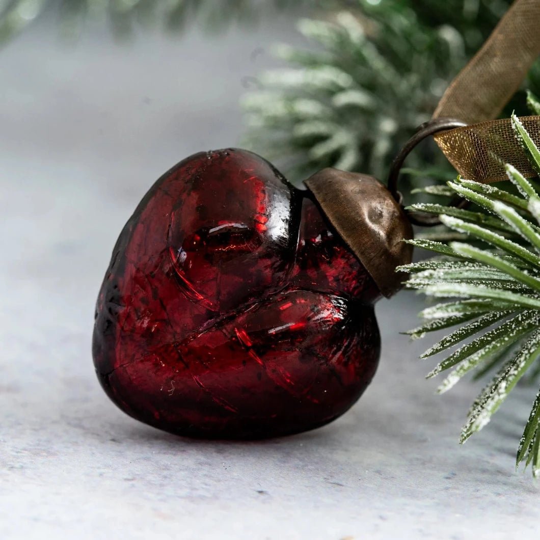 Christmas Handmade 1” Crackle Wine Heart Ornaments 6 pc Set - The Primitive Pineapple Collection