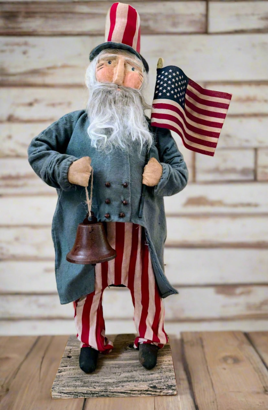 Primitive Early American Hand Sculpted Clay Face Chubby Uncle Sam Santa 21&quot;