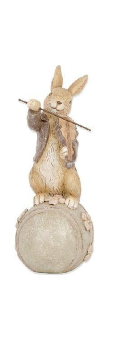 Farmhouse Spring Easter 8 Inch Brown Resin Musical Bunnies on Eggs 3 Designs - The Primitive Pineapple Collection