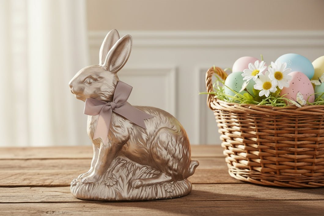 Primitive Spring 7.25 Inch Resin Gold Easter Bunny with Bow Figurine - The Primitive Pineapple Collection