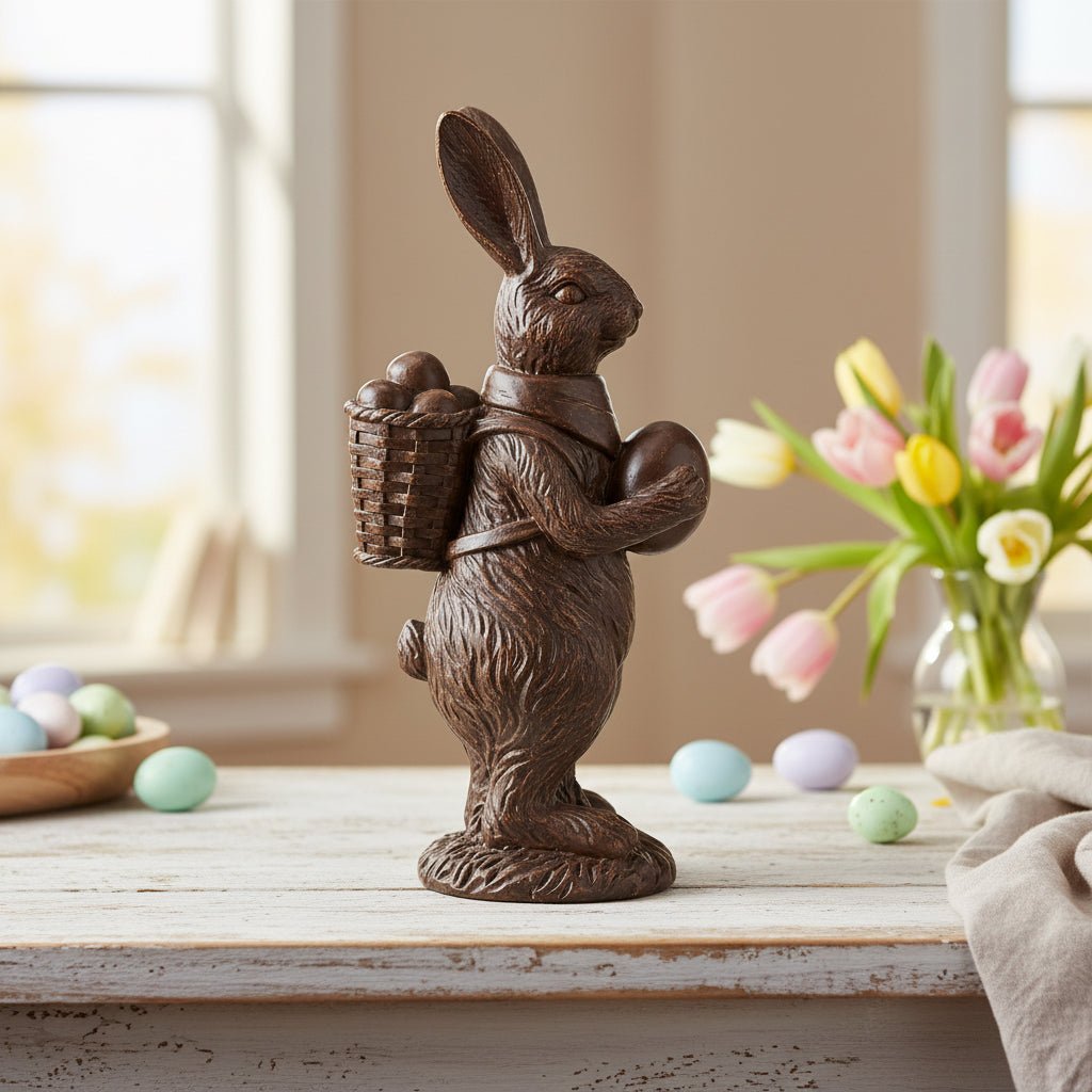 Primitive Spring 9.5 Inch Resin Chocolate Easter Bunny carrying Egg Figurine - The Primitive Pineapple Collection