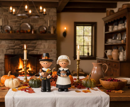 Blossom Bucket Pilgrim &amp; Turkey Thanksgiving Figurine Set – 2 Pc Shelf Sitter - The Primitive Pineapple Collection