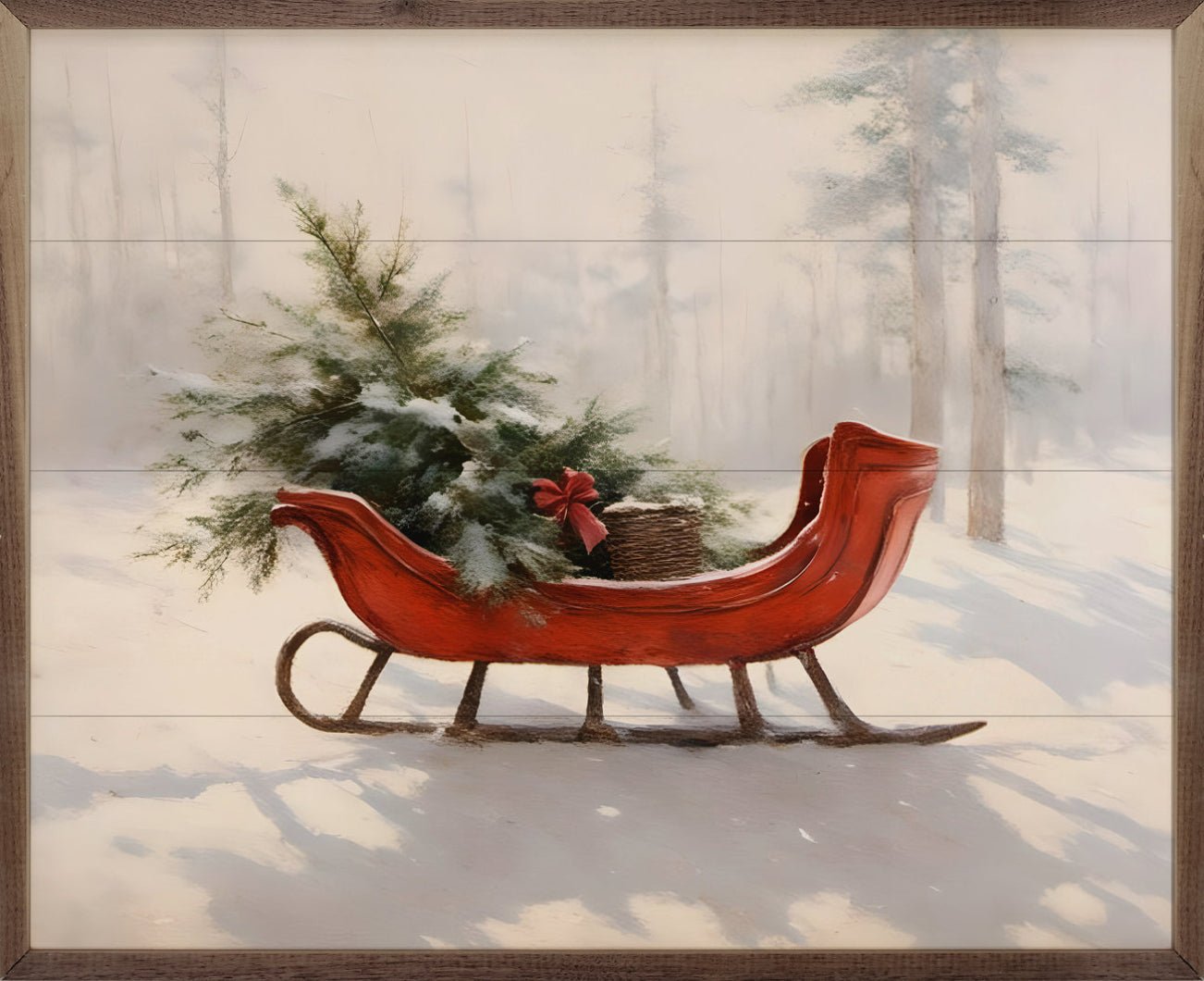 Handcrafted Walnut Framed Christmas Classic Red Sled Art - The Primitive Pineapple Collection