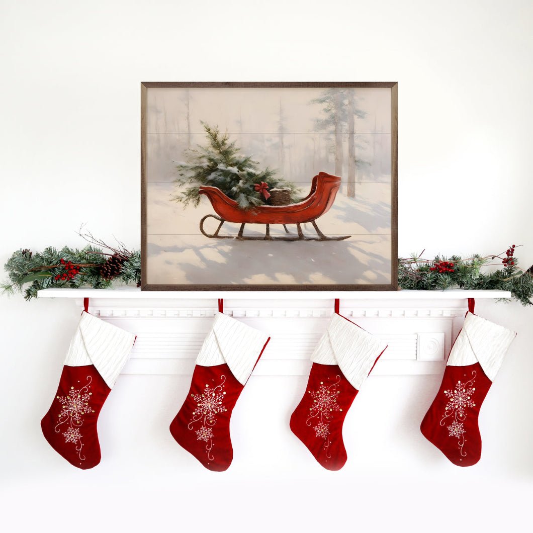 Handcrafted Walnut Framed Christmas Classic Red Sled Art - The Primitive Pineapple Collection
