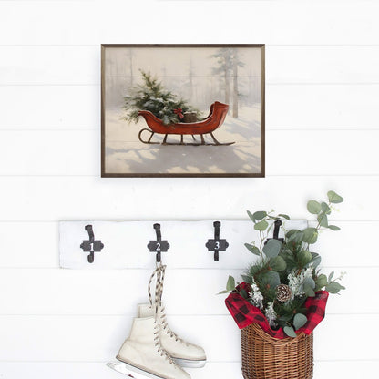 Handcrafted Walnut Framed Christmas Classic Red Sled Art - The Primitive Pineapple Collection