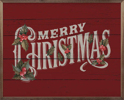 Handcrafted Walnut Framed Christmas Vintage Merry Christmas w/ Holly Art - The Primitive Pineapple Collection