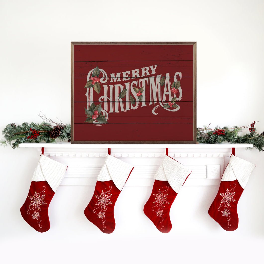 Handcrafted Walnut Framed Christmas Vintage Merry Christmas w/ Holly Art