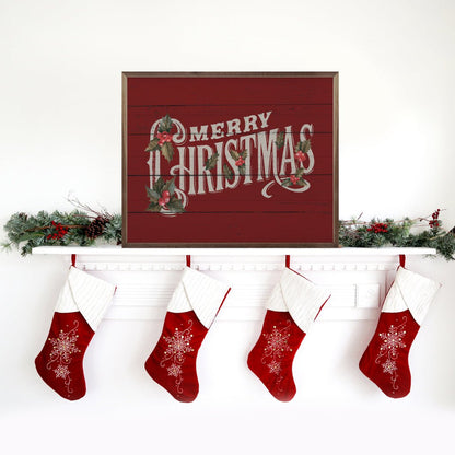 Handcrafted Walnut Framed Christmas Vintage Merry Christmas w/ Holly Art - The Primitive Pineapple Collection