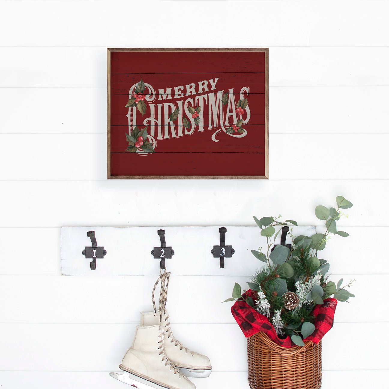 Handcrafted Walnut Framed Christmas Vintage Merry Christmas w/ Holly Art - The Primitive Pineapple Collection