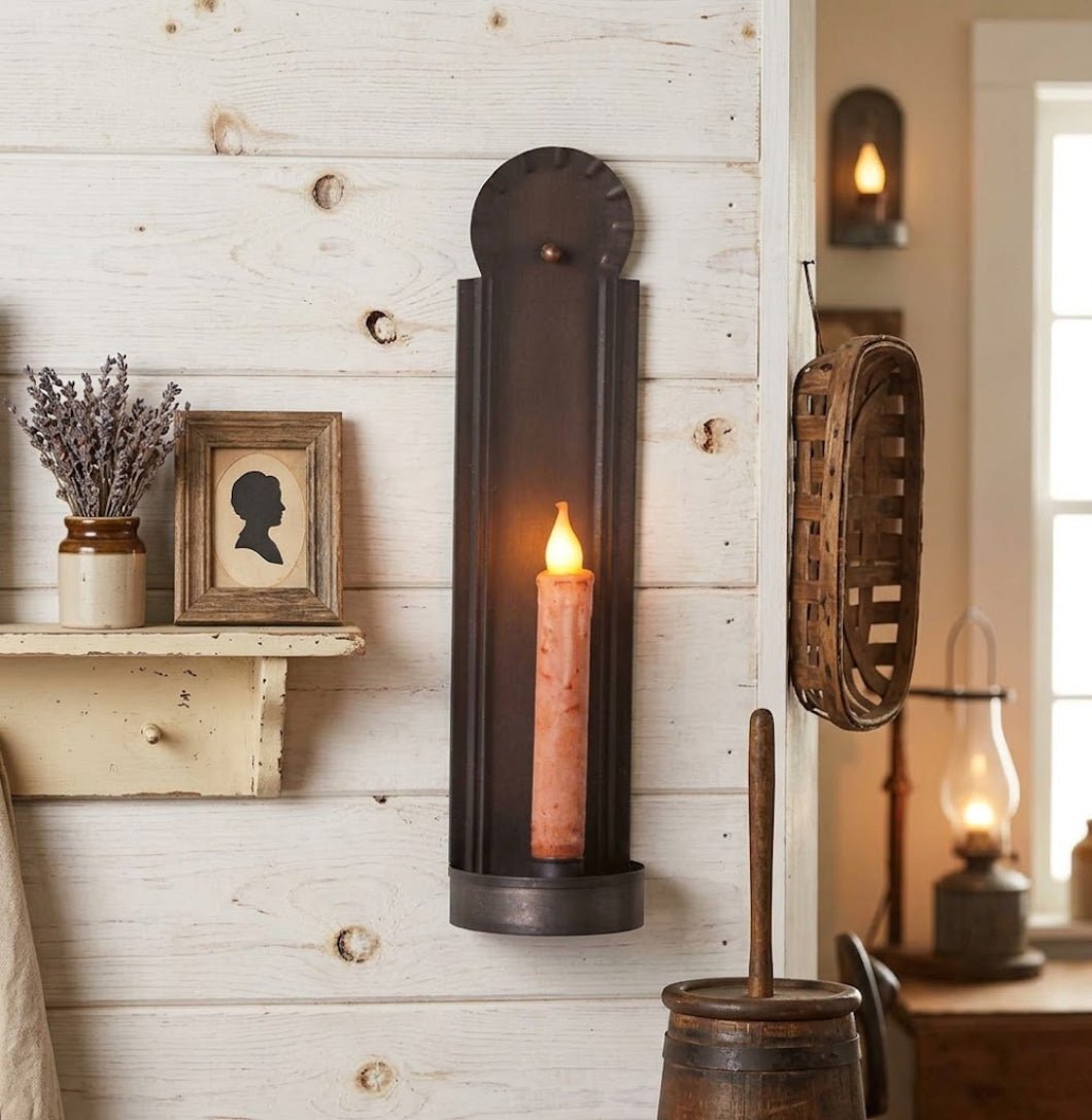Primitive Colonial Tin Slim 14" Taper Candle Wall Sconce - The Primitive Pineapple Collection