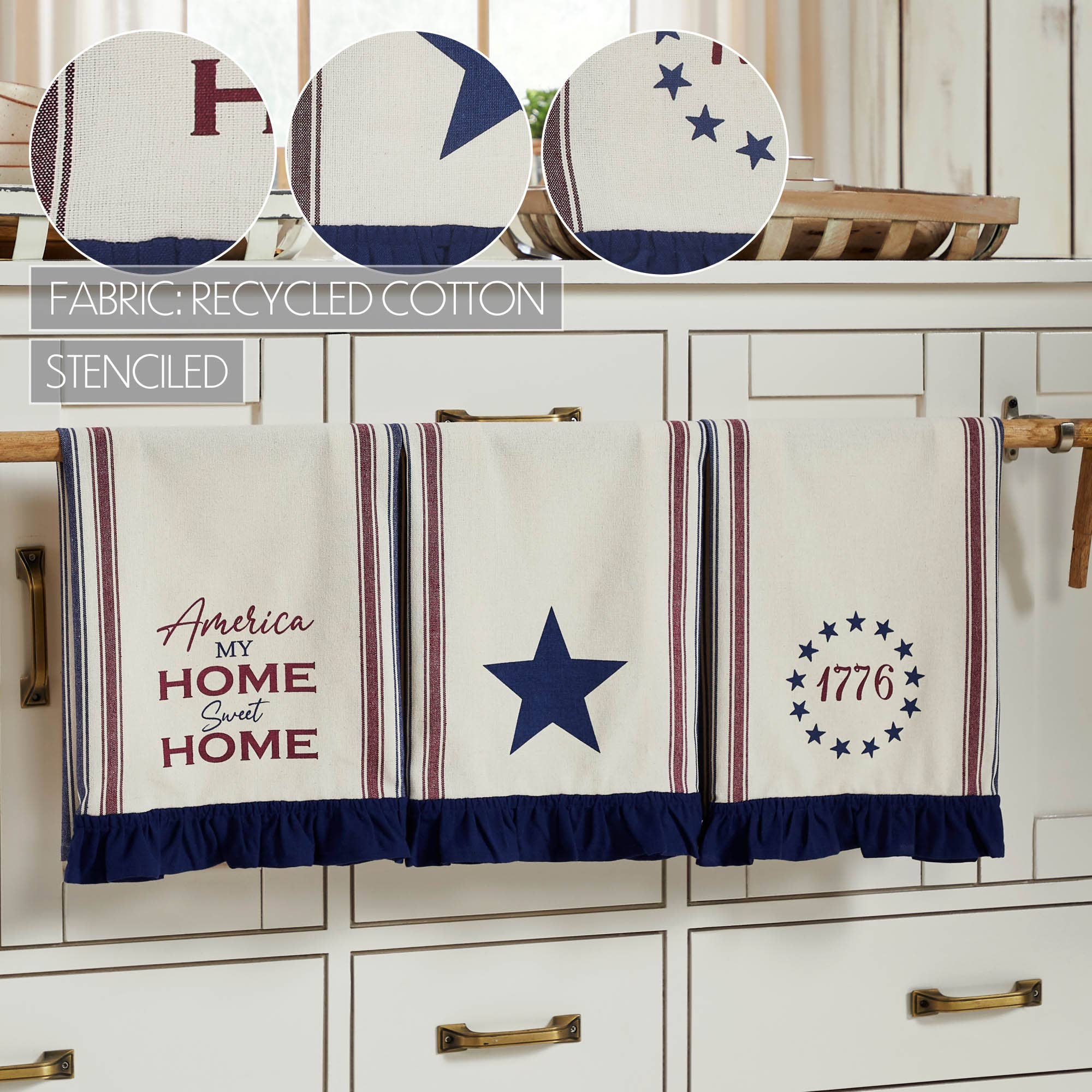 Americana Ruffled Tea Towels Set of 3 | Patriotic Kitchen Decor - The Primitive Pineapple Collection
