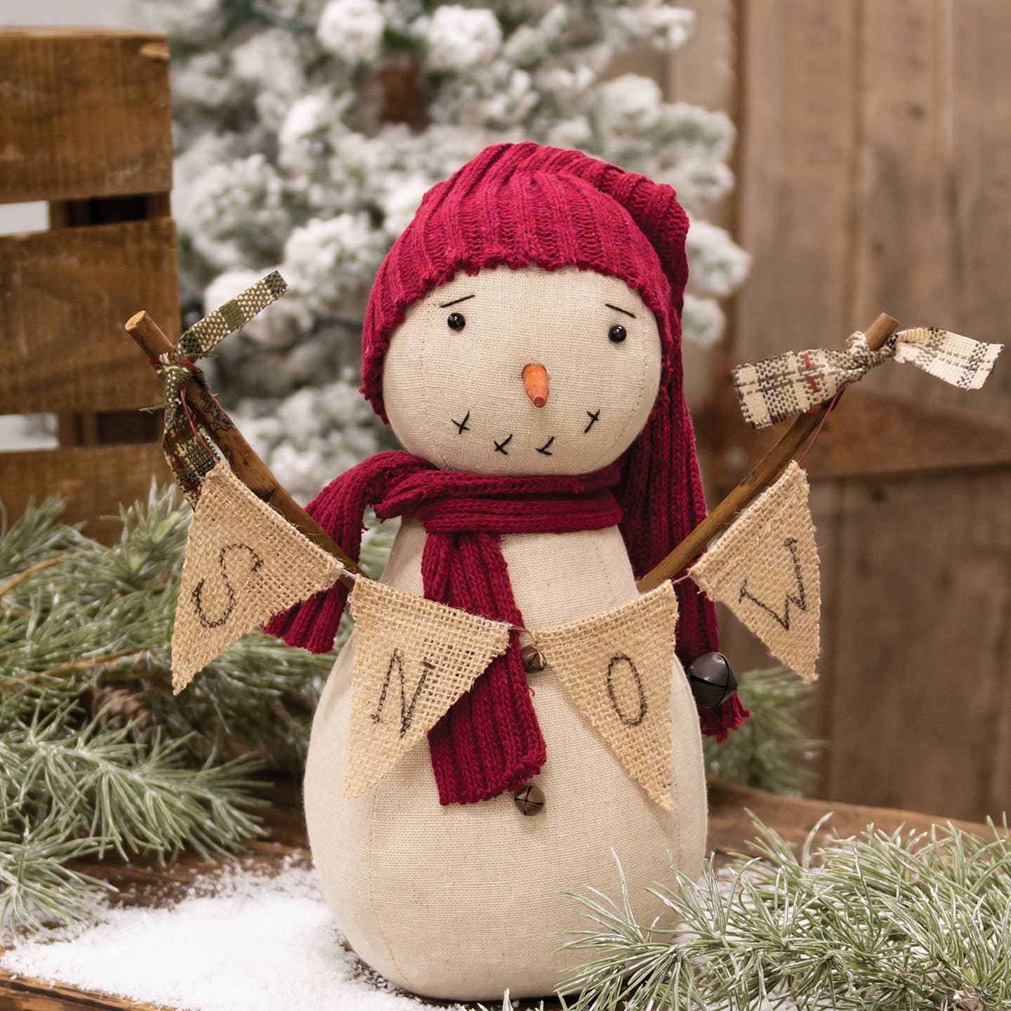 Primitive Christmas Snowman Doll w/“Snow” Burlap Banner 10.5&quot;