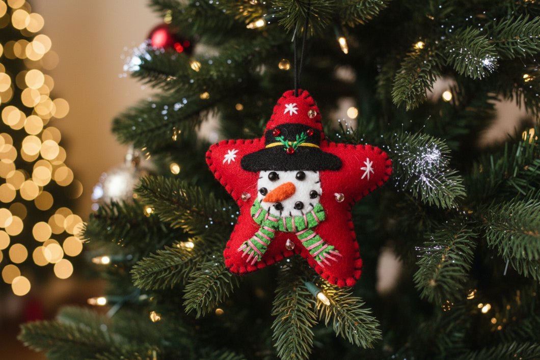 Primitive Christmas Handcrafted Felt 3” Red Star with Snowman Ornament - The Primitive Pineapple Collection