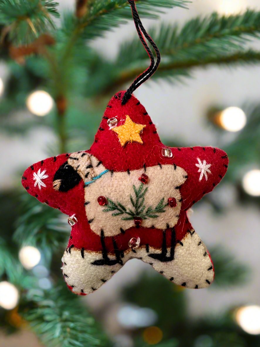 Primitive Christmas Handcrafted Felt 2” Red Star with Lamb Ornament