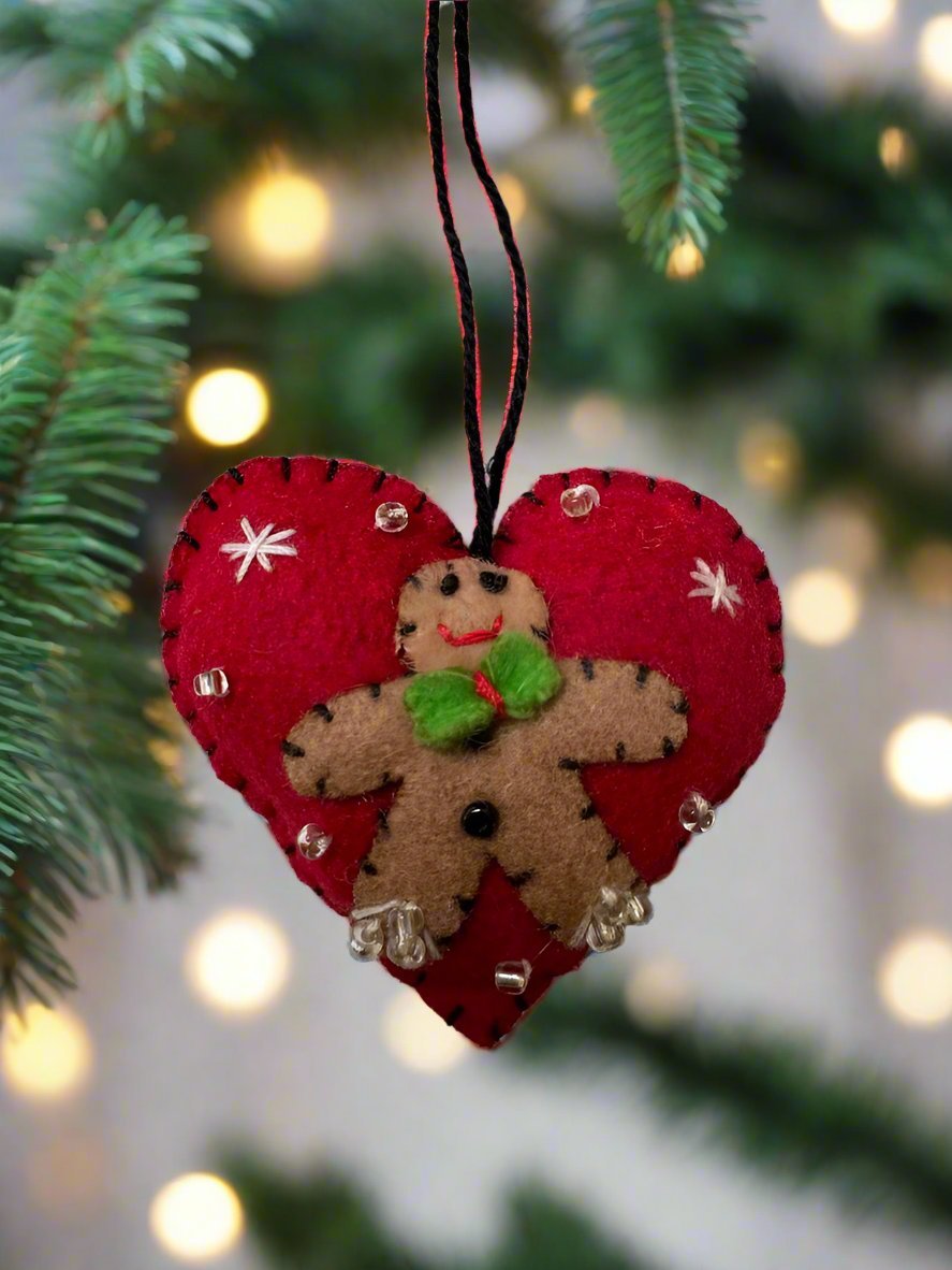 Primitive Christmas Handcrafted Felt 2" Red Heart w/ Gingerbread Man Ornament - The Primitive Pineapple Collection