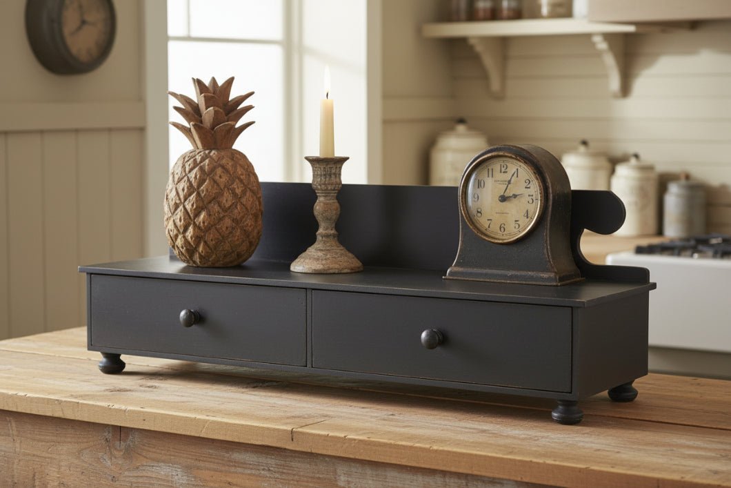 Primitive Aged Black Counter Shelf Vintage Look Farmhouse Rustic Drawers Footed - The Primitive Pineapple Collection