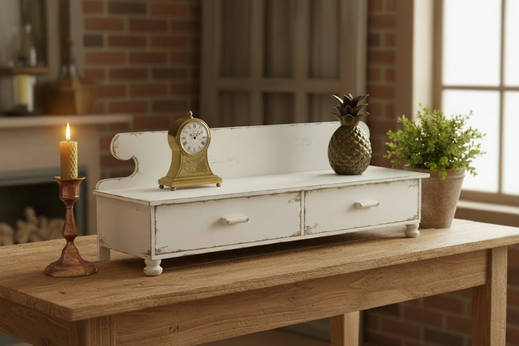 Primitive Aged White Counter Shelf Vintage Look Farmhouse Rustic Drawers Footed - The Primitive Pineapple Collection