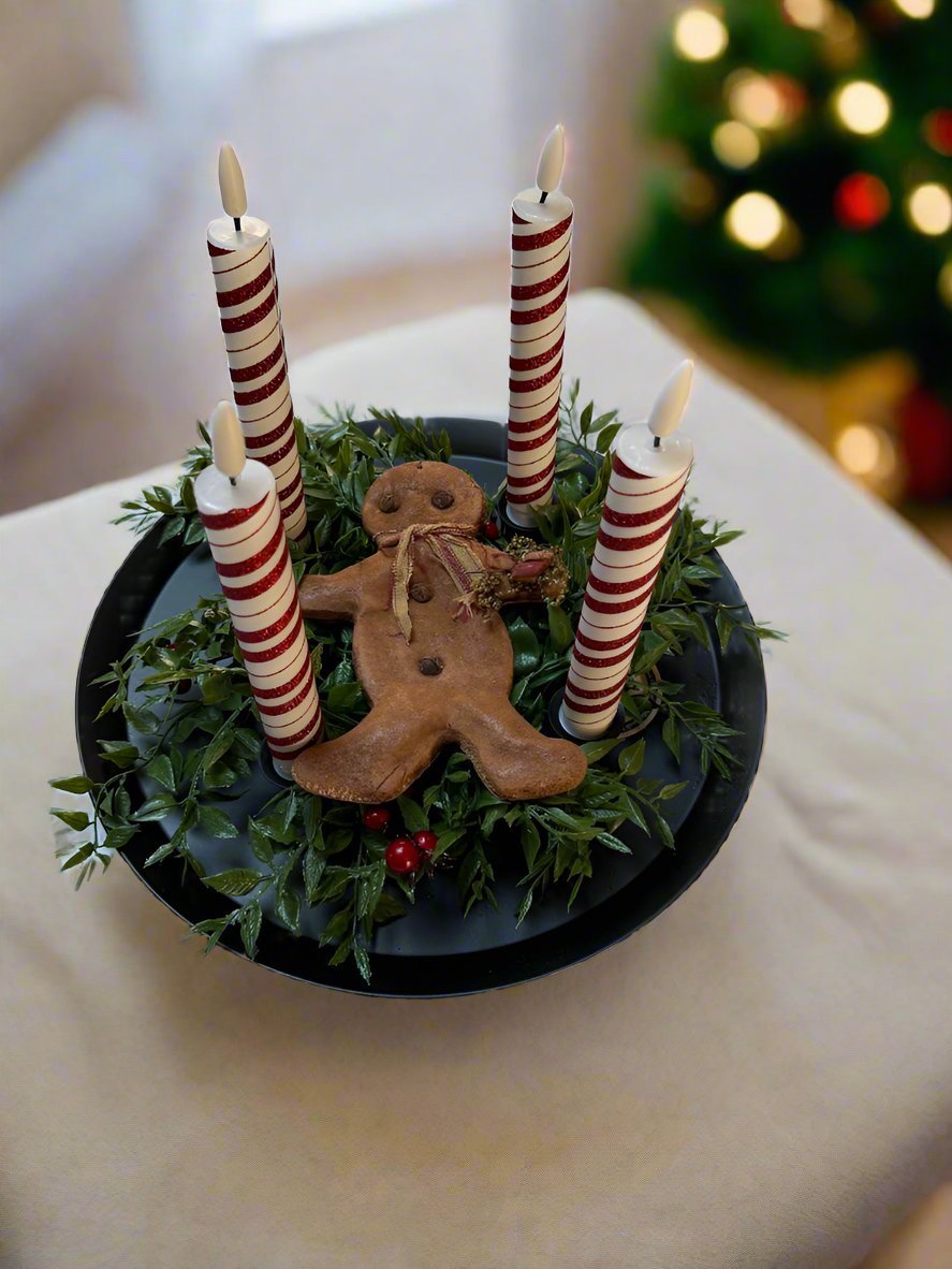 Primitive Christmas Rustic Black Metal 4 Taper Candle Holder Tray with Wreath Set - The Primitive Pineapple Collection