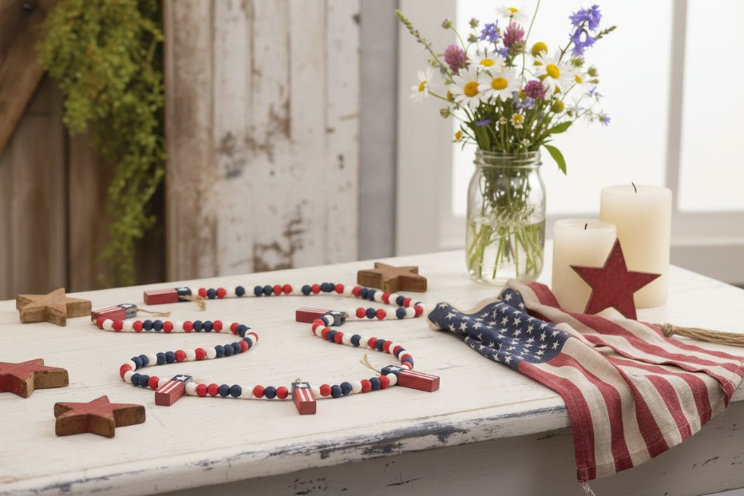 30" Wooden Beaded Firecracker Garland - 4th of July Patriotic Farmhouse Decor - The Primitive Pineapple Collection