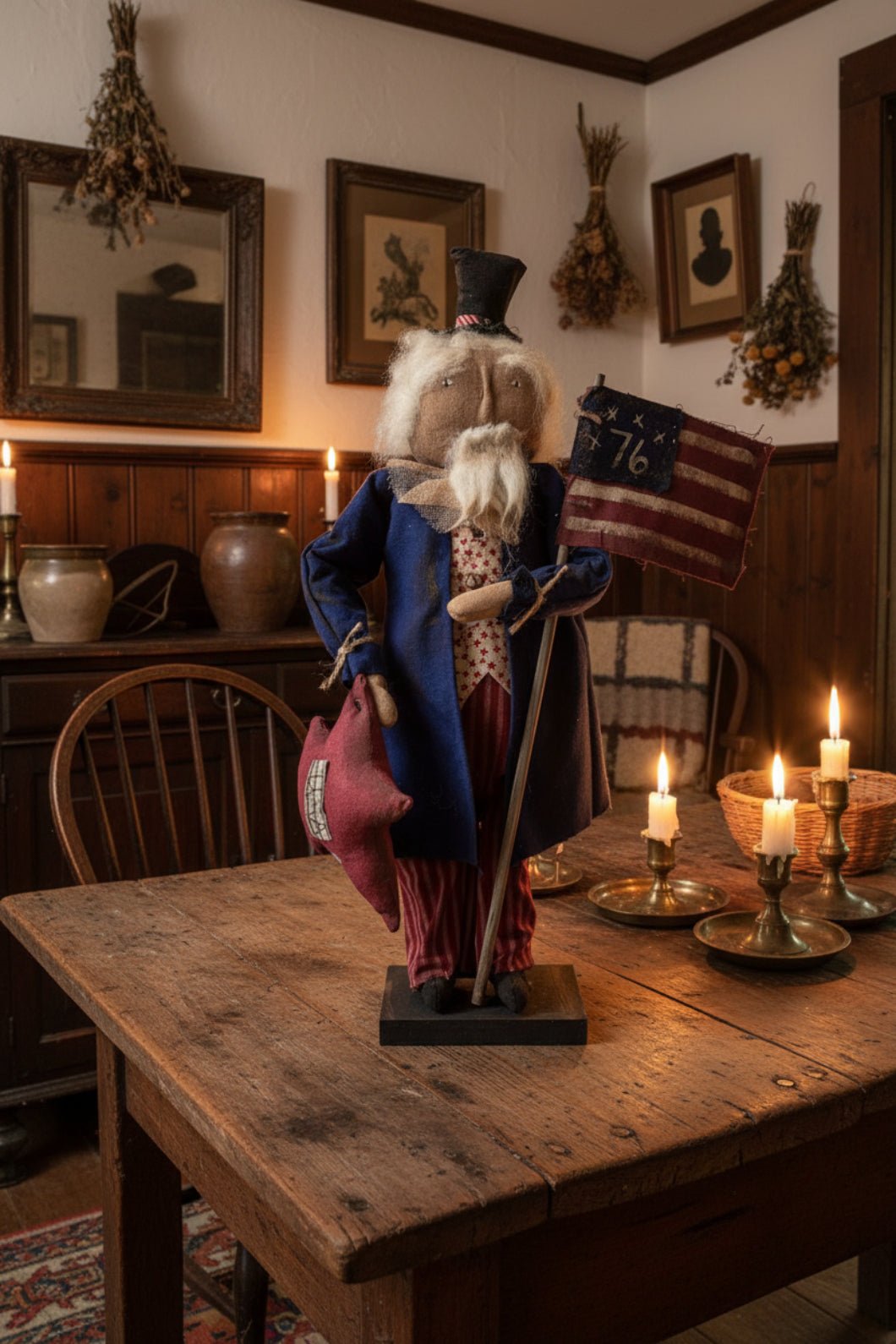 Primitive Handcrafted 23" Americana Uncle Sam w/Star and Flag on Stand - The Primitive Pineapple Collection