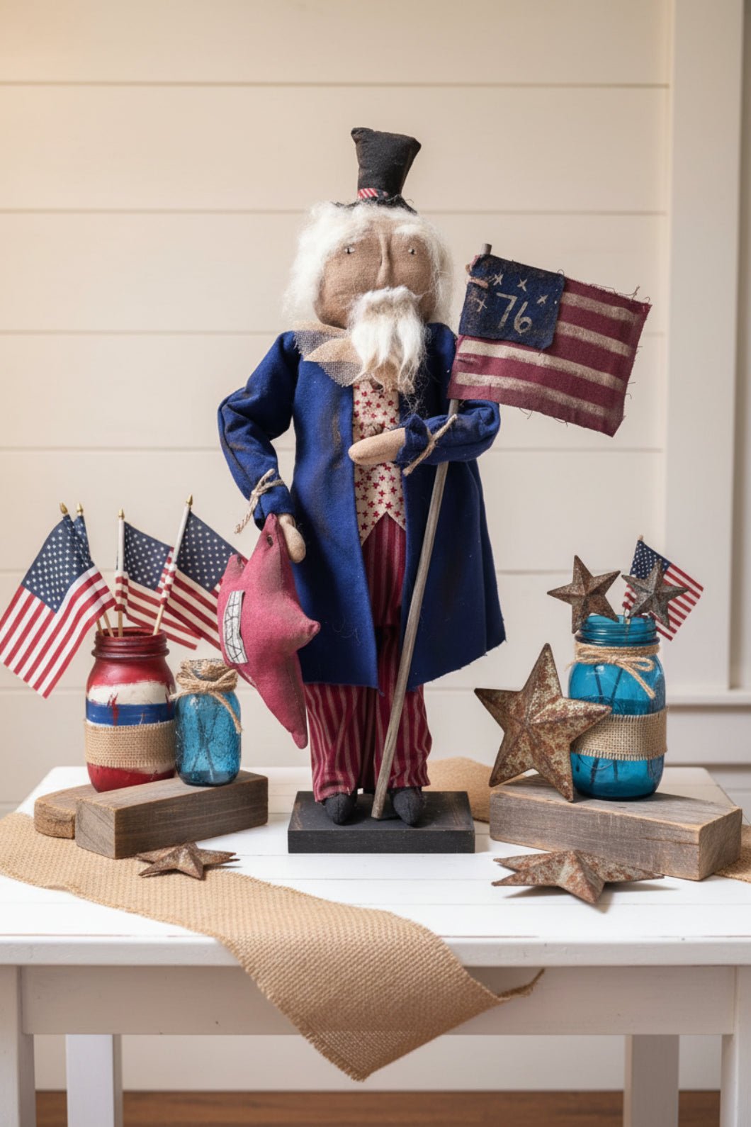 Primitive Handcrafted 23" Americana Uncle Sam w/Star and Flag on Stand - The Primitive Pineapple Collection