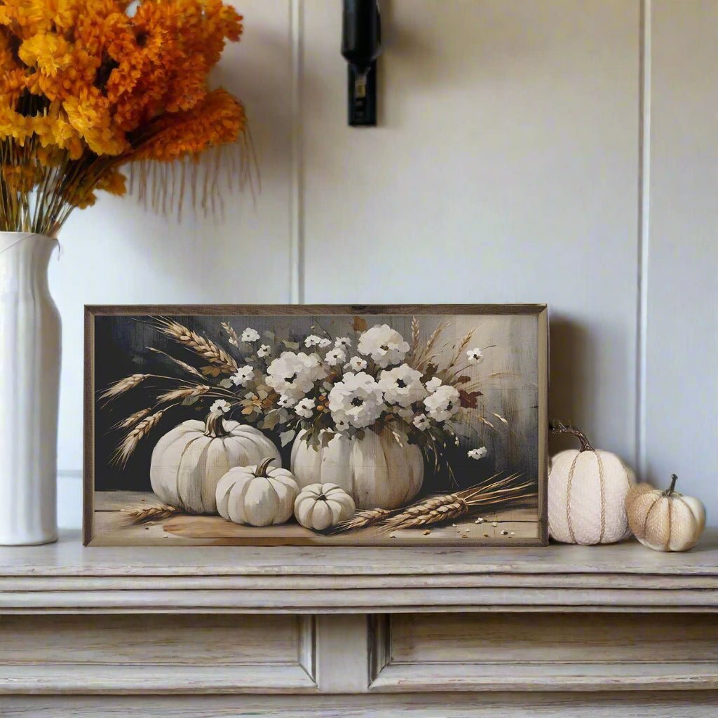 Fall Handcrafted Farmhouse Walnut Framed Four White Pumpkin Bouquet Art - The Primitive Pineapple Collection