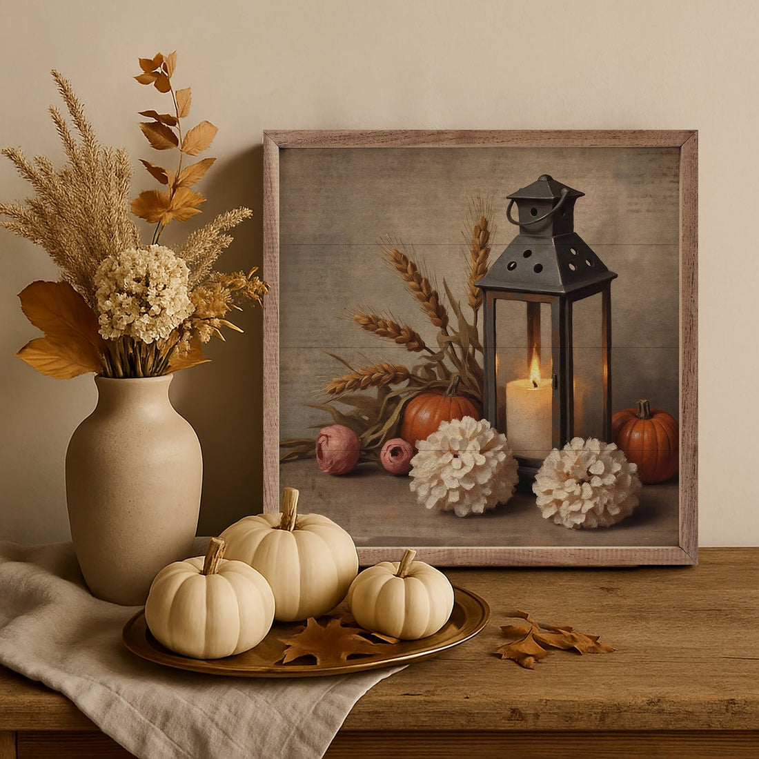 Handcrafted Farmhouse Walnut Framed Autumn Lantern w/ Hydrangea Art - The Primitive Pineapple Collection