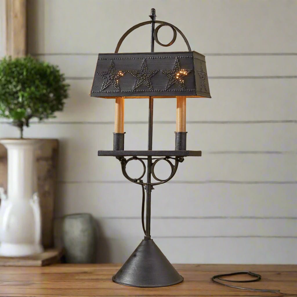 Primitive Colonial Reproduction Two Candle Lamp w/ Punched Tin Shade 26" - The Primitive Pineapple Collection