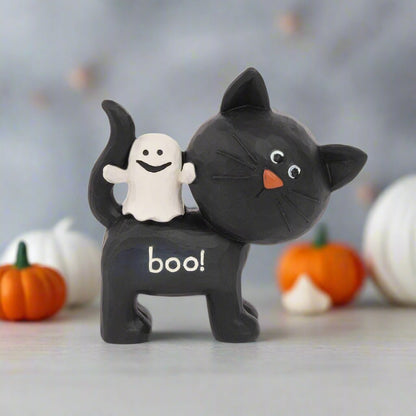 Blossom Bucket Halloween Boo Black Cat With Ghost Shelf Sitter - The Primitive Pineapple Collection