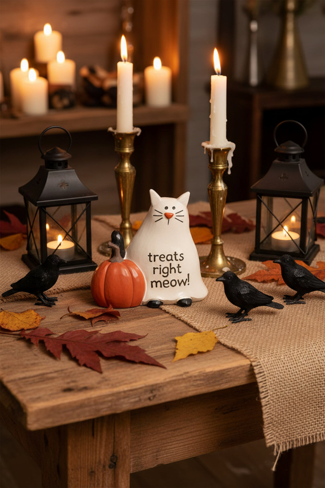 Blossom Bucket Cat in Ghost Costume Figurine – Halloween Resin Décor