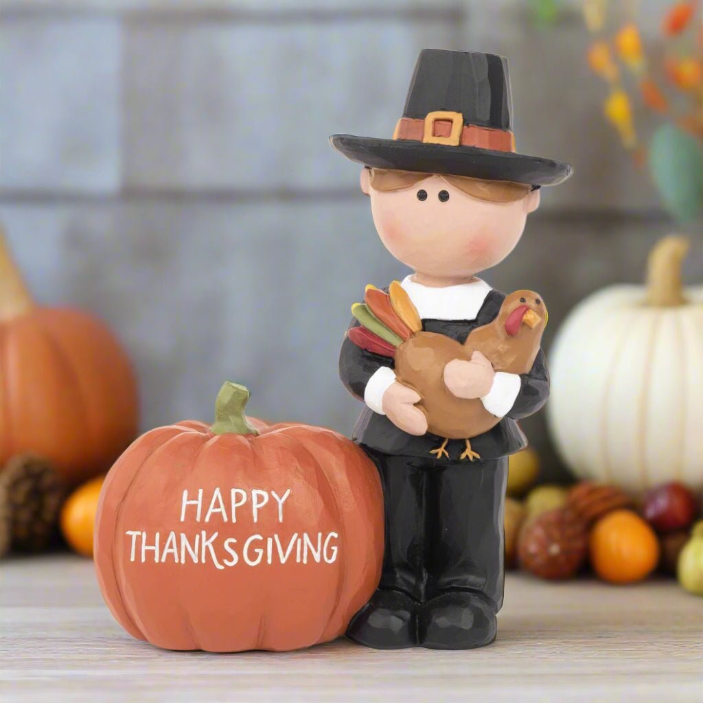 Blossom Bucket Fall Pilgrim With Turkey &amp; Pumpkin Shelf Sitter - The Primitive Pineapple Collection