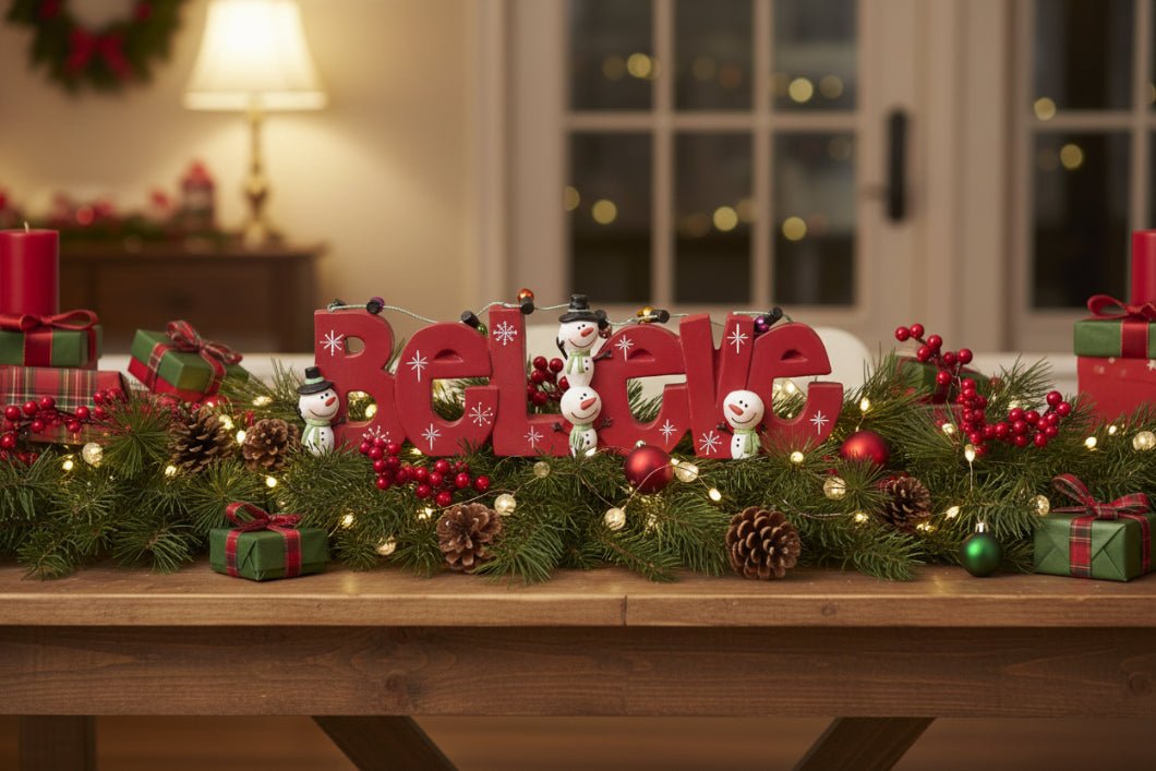 Blossom Bucket Christmas Believe With Snowmen &amp; Christmas Lights Shelf Sitter - The Primitive Pineapple Collection