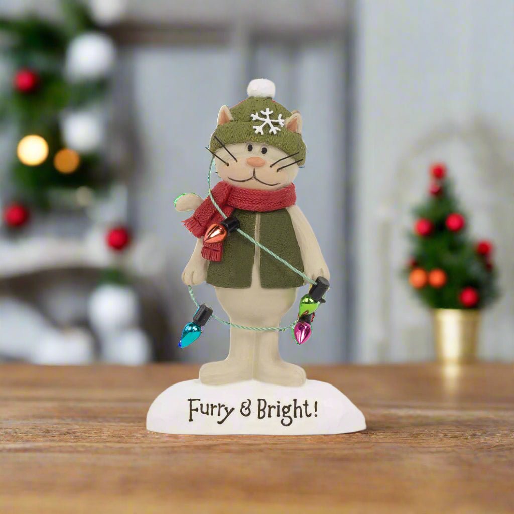 Blossom Bucket Furry &amp; Bright Cat With Christmas Lights Shelf Sitter - The Primitive Pineapple Collection