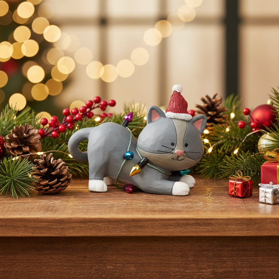 Blossom Bucket Christmas Gray Cat With Christmas Lights