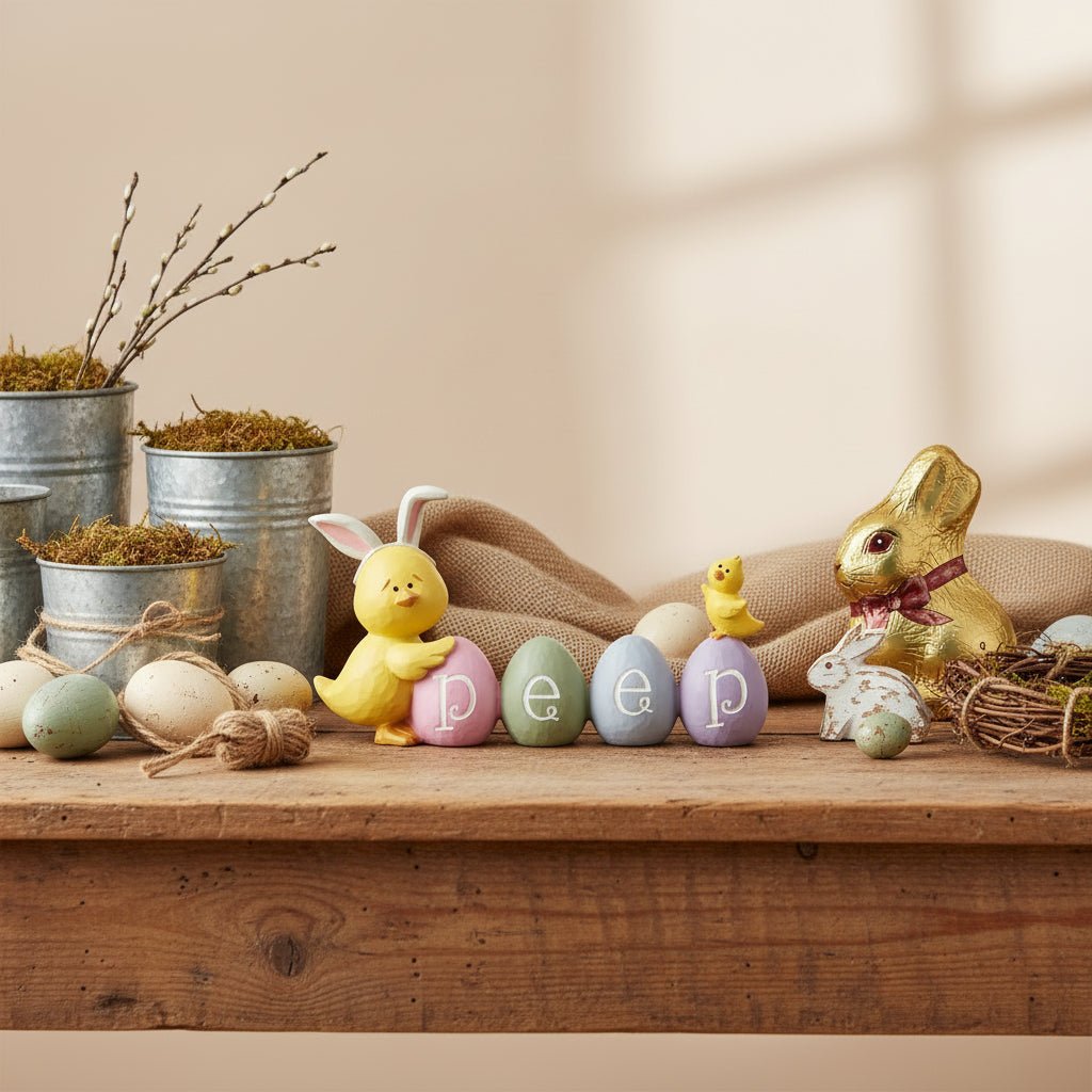 Farmhouse Blossom Bucket Spring Easter Chick W/ Peeps Easter Eggs - The Primitive Pineapple Collection