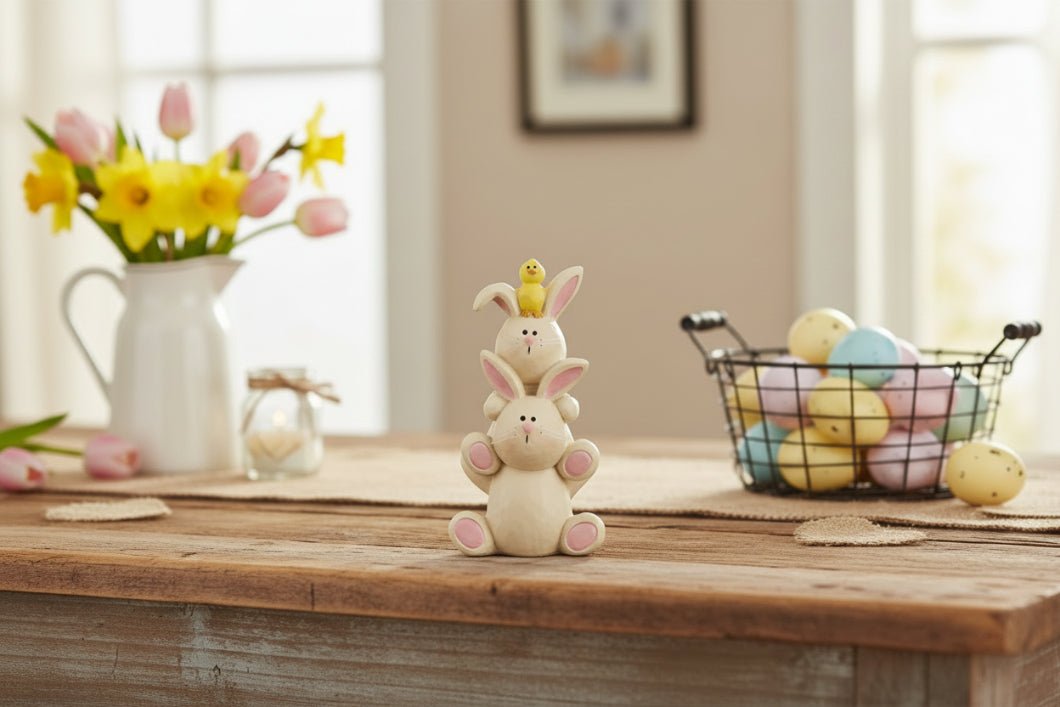 Farmhouse Blossom Bucket Spring Easter 3.5" Stacked Bunnies w/ Chick - The Primitive Pineapple Collection