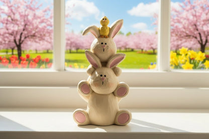 Farmhouse Blossom Bucket Spring Easter 3.5" Stacked Bunnies w/ Chick - The Primitive Pineapple Collection