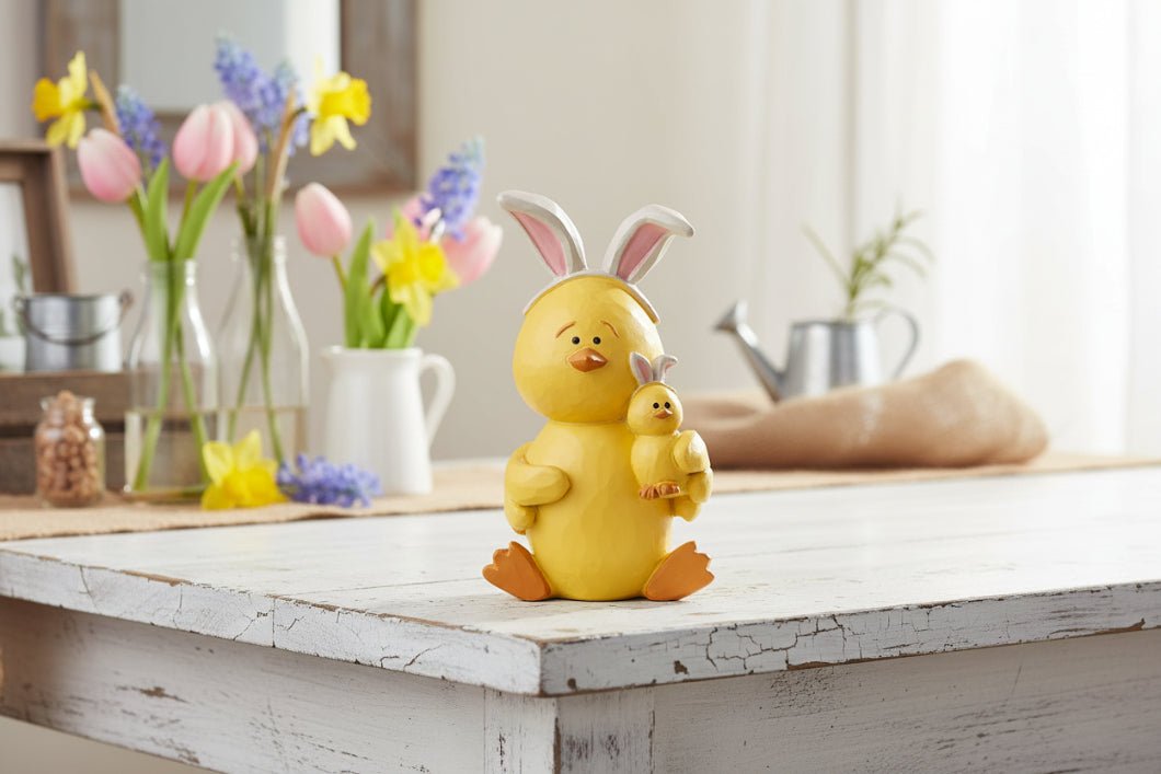 Farmhouse Blossom Bucket 3.3" Spring Easter Chick W/ Easter Bunny Ears - The Primitive Pineapple Collection