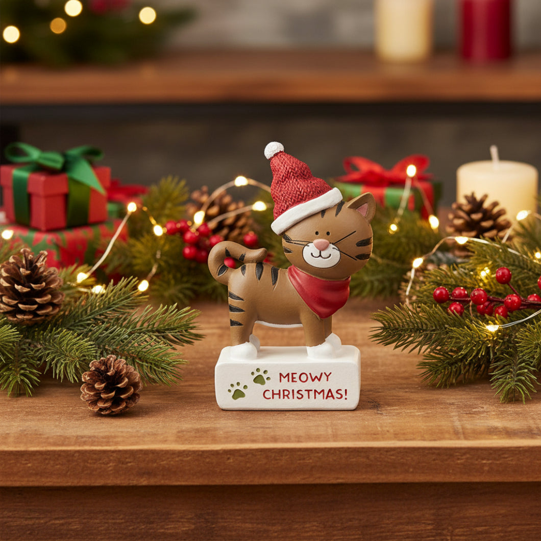 Blossom Bucket Meowy Christmas Cat Block Figurine | Primitive Holiday Decor