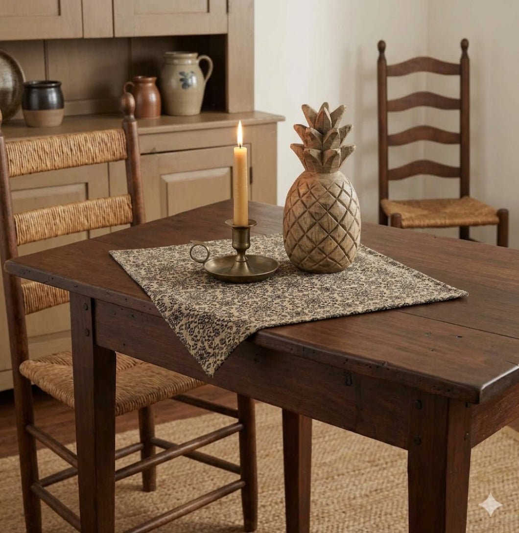 Farmhouse Black Tan Jacquard Table Topper 20x20 - The Primitive Pineapple Collection