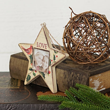 Primitive Christmas Star Picture Frame w/ Cardinal Ornament 5&quot; - The Primitive Pineapple Collection