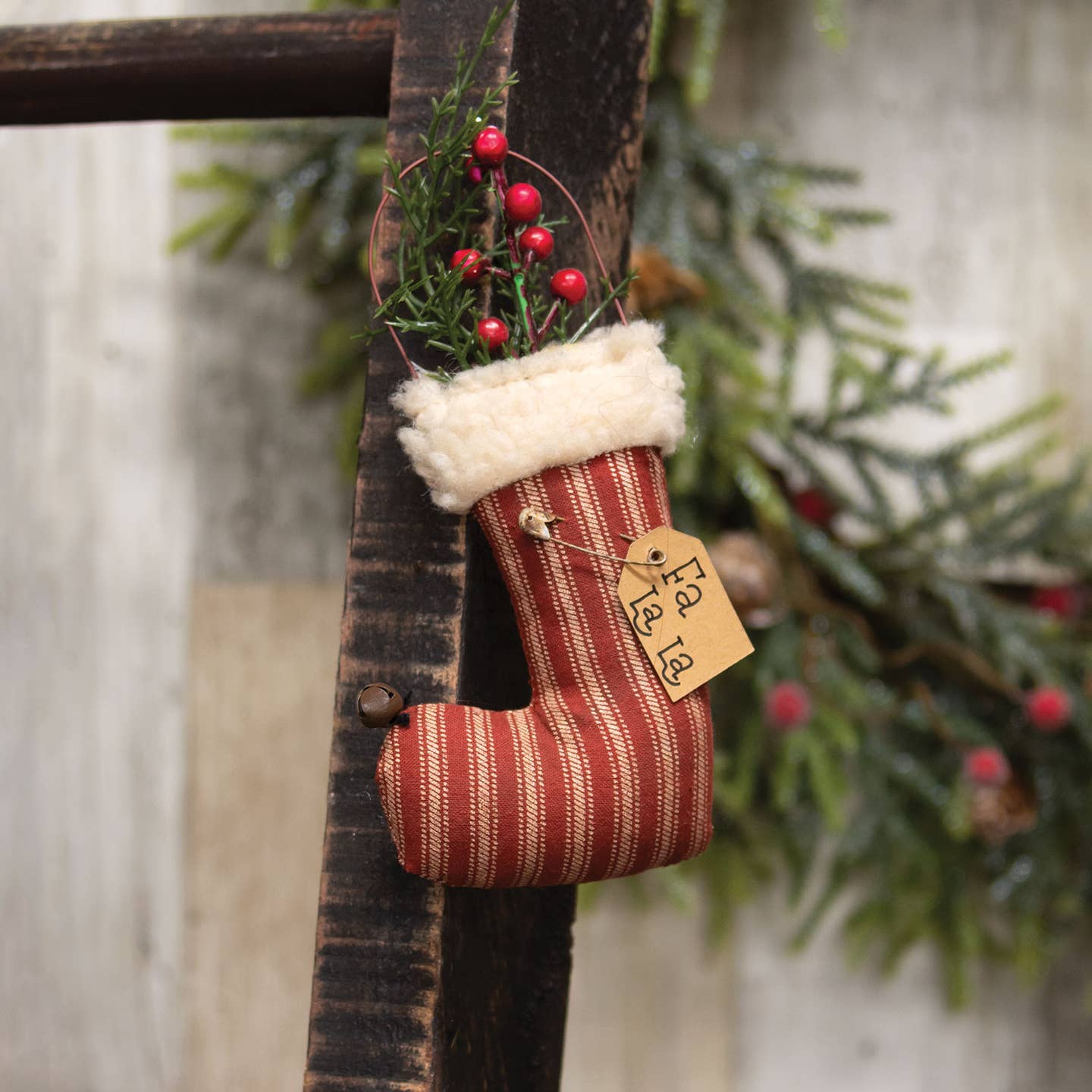 Primitive Christmas 6.25&quot; Fa La La Stuffed Ticking Stripe Stocking Ornament