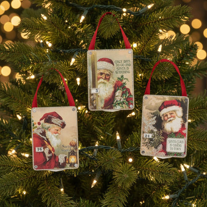 Primitive Retro/ Vintage Look Santa Small Advent Countdown 3pc Ornament Set