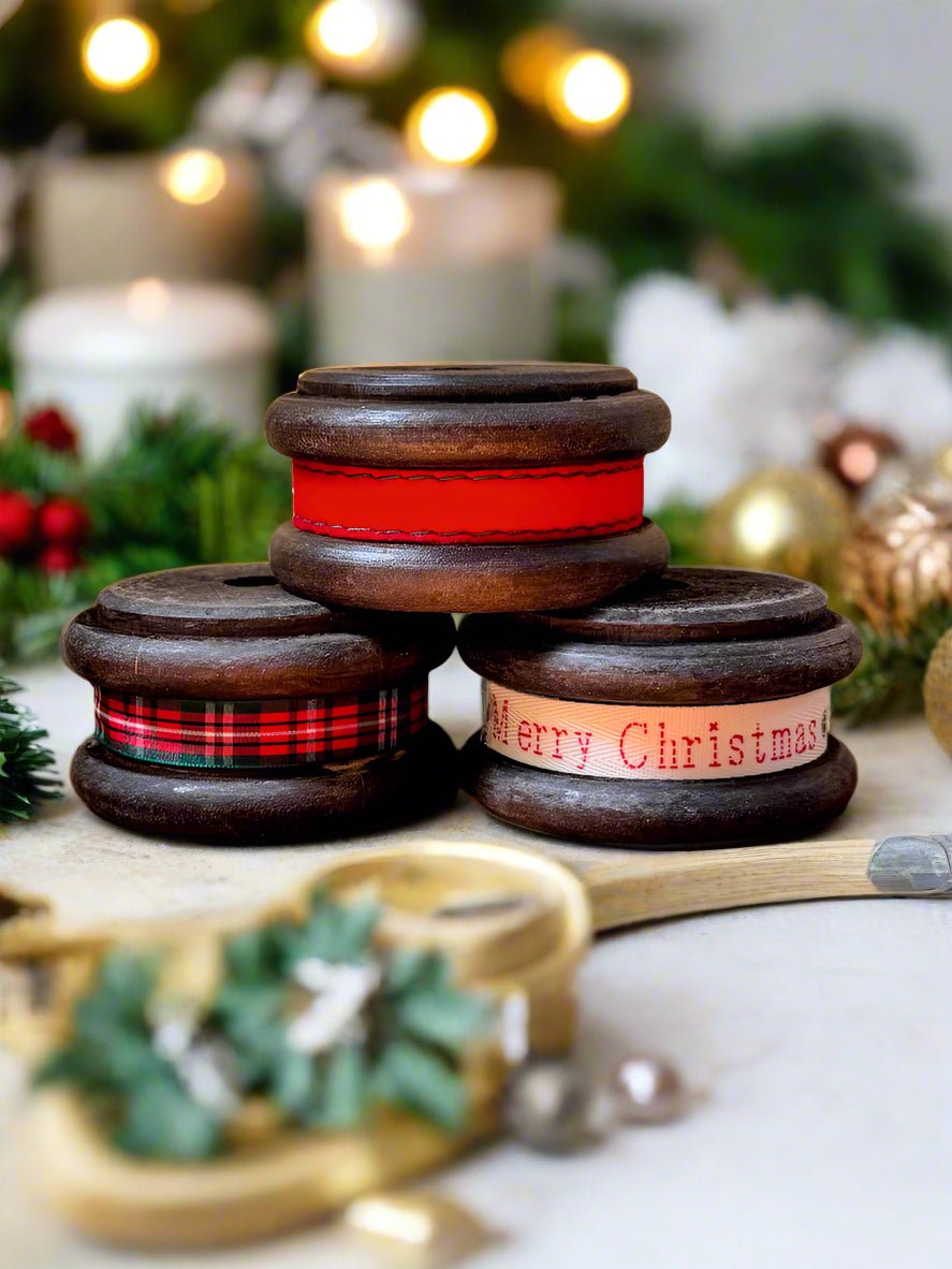 Primitive Christmas Wood Spool w/ Christmas Ribbon - The Primitive Pineapple Collection