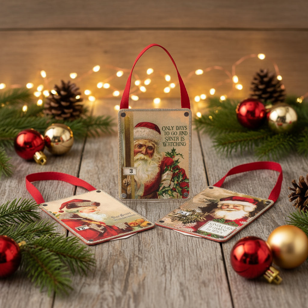 Primitive Retro/ Vintage Look Santa Small Advent Countdown 3pc Ornament Set
