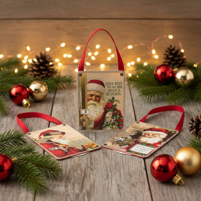 Primitive Retro/ Vintage Look Santa Small Advent Countdown 3pc Ornament Set