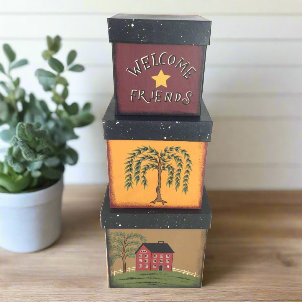 Primitive Farmhouse Welcome Friends Willow Tree 3 pc Nesting Boxes - The Primitive Pineapple Collection