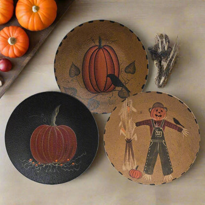 Primitive Fall Halloween Scarecrow &amp; Pumpkins Plate - 3 Asst - The Primitive Pineapple Collection