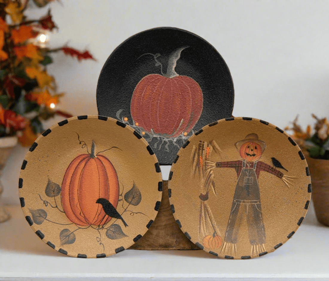 Primitive Fall Halloween Scarecrow & Pumpkins Plate - 3 Asst - The Primitive Pineapple Collection
