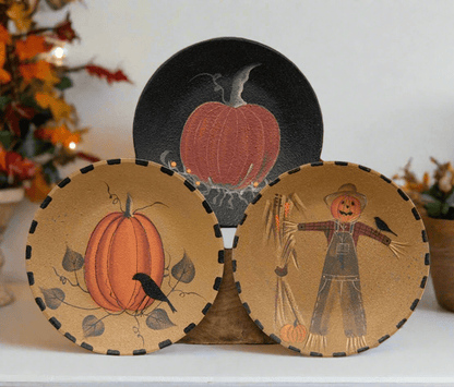 Primitive Fall Halloween Scarecrow &amp; Pumpkins Plate - 3 Asst - The Primitive Pineapple Collection